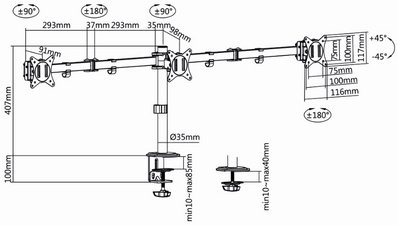 LogiLink Bras support pour 3 écrans, longueur du bras 658 mm