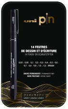 uni-ball Feutre technique uni pin, étui métal de 14 pièces