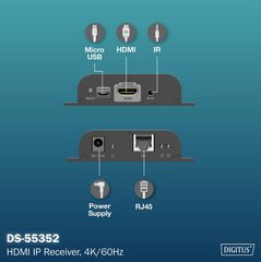 DIGITUS Récepteur IP HDMI 4K, 4K/60Hz, 120/200 m