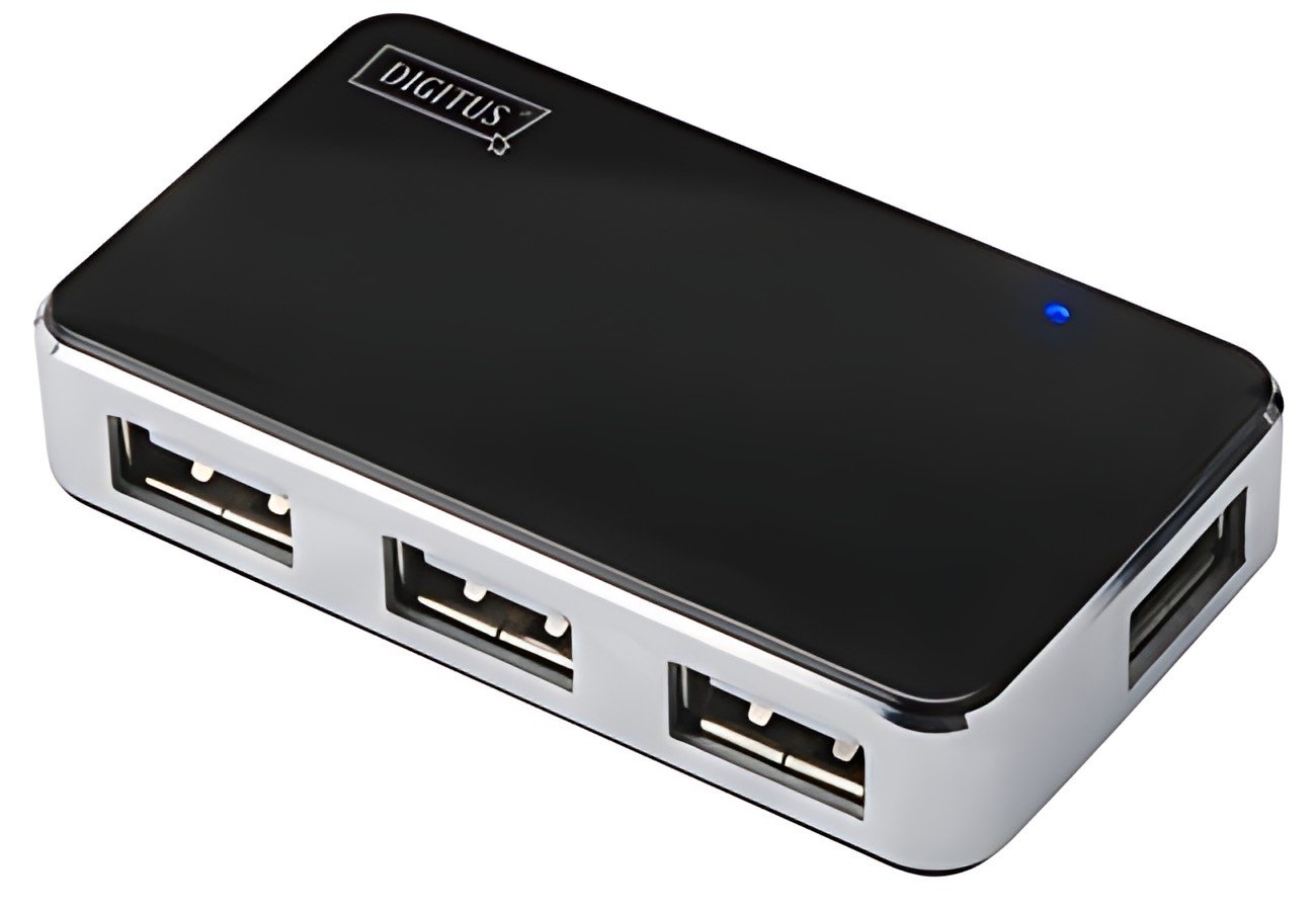 DIGITUS Mini hub USB 2.0, 4 ports, argenté, avec bloc d'ali.