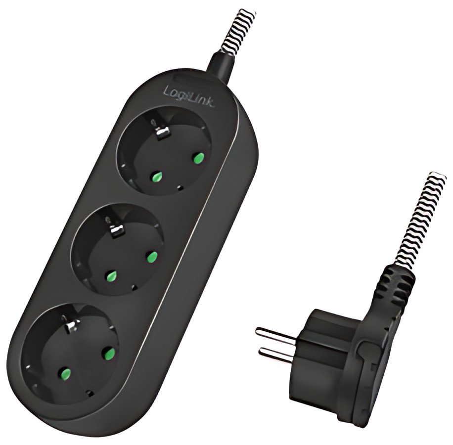 Multiprise LogiLink, 3 prises, câble textile, noir