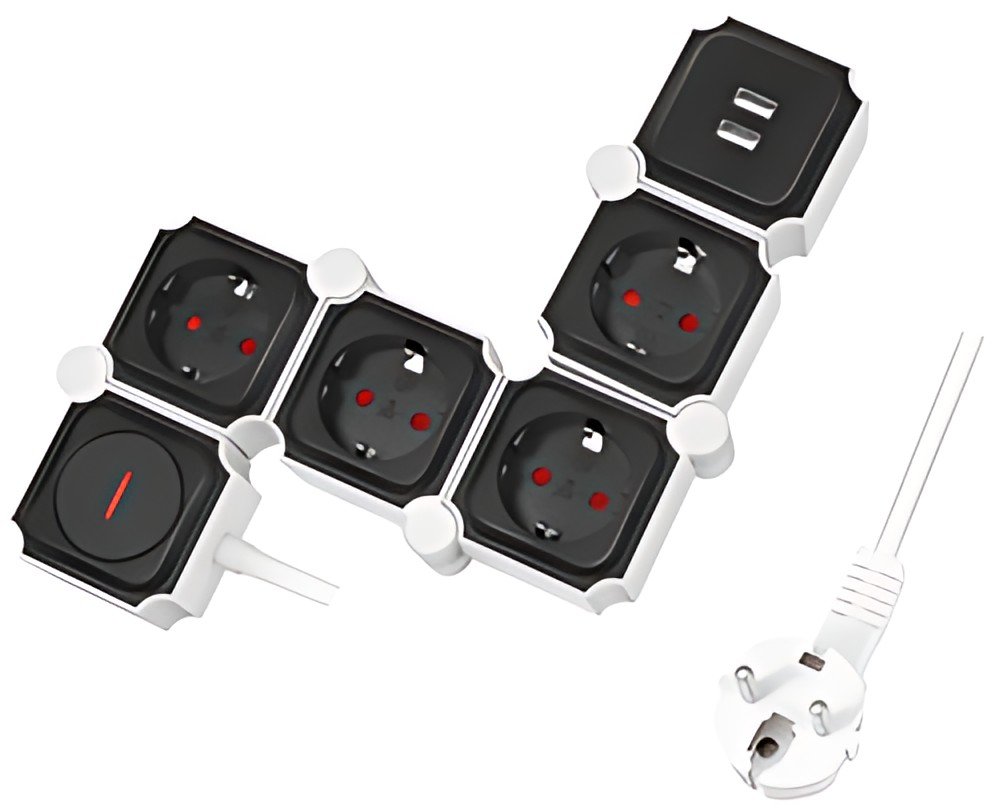 LogiLink Bloc multiprises flexible, avec 2x USB, noir/blanc