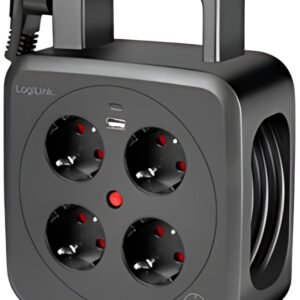 Enrouleur de câble LogiLink, 4 voies + 2x USB, câble : 5 m, noir