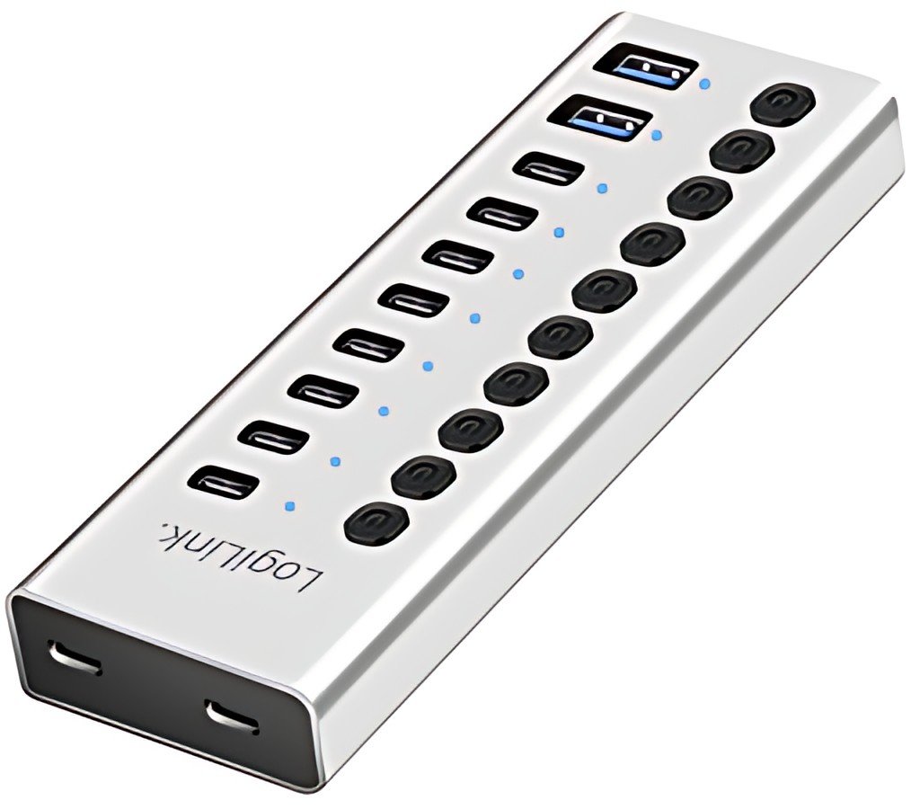 LogiLink Hub USB 3.2, 10 ports, interrupteurs on/off, argent