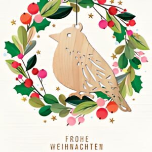 Carte de Noël CACTUS "Couronne & Oiseau", avec application en bois