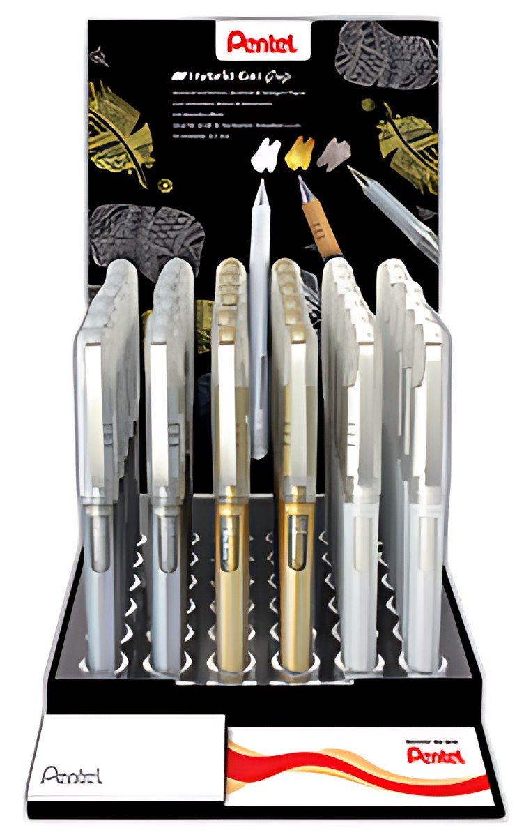 Pentel Roller gel K230, présentoir de 36, or, argent & blanc