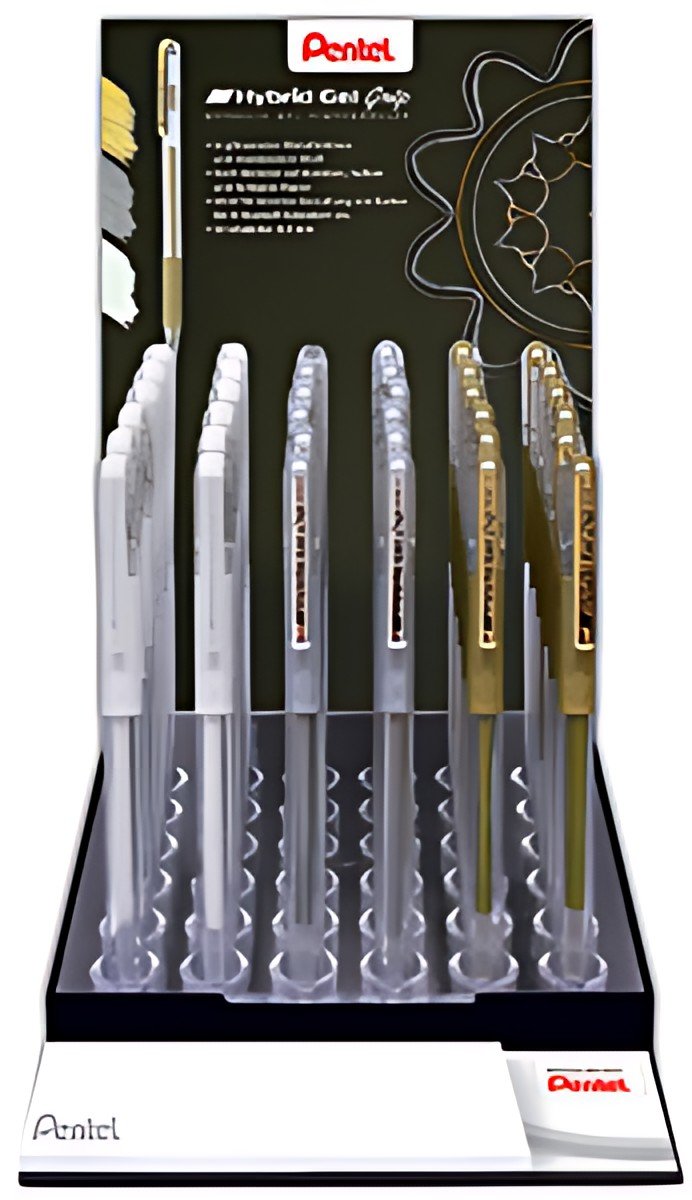 Pentel Roller gel K118, présentoir de 72, blanc, or & argent