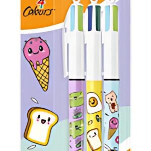 BIC Stylo à bille rétractable 4 Colours Kawaii, blister de 3