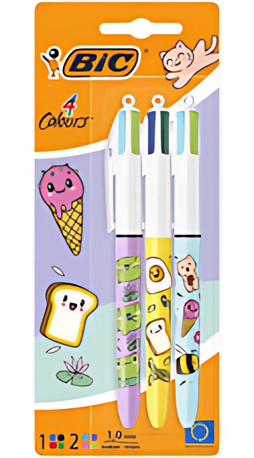 BIC Stylo à bille rétractable 4 Colours Kawaii, blister de 3