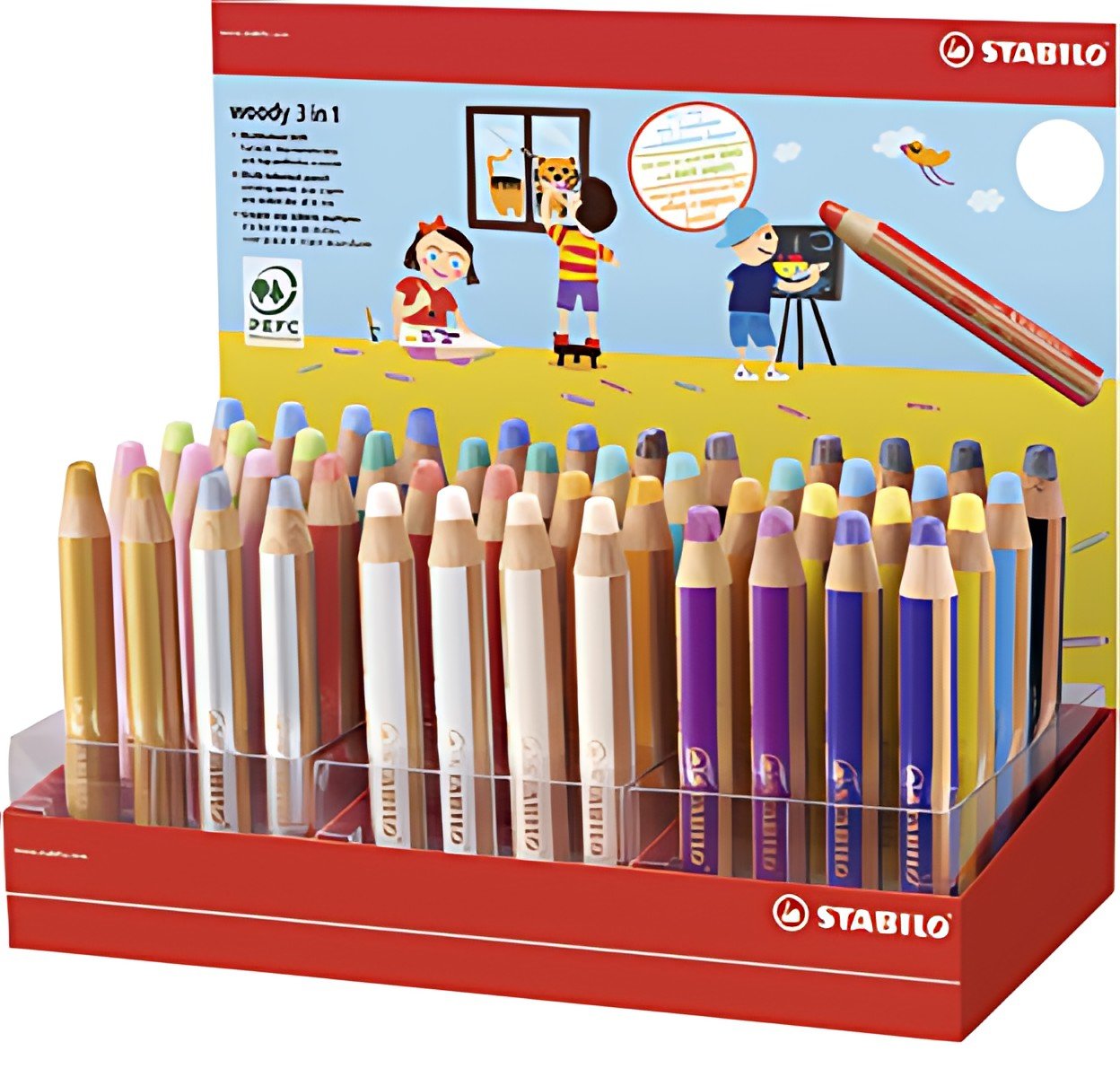 STABILO Crayon multi-talents woody 3 en 1, présentoir de 48