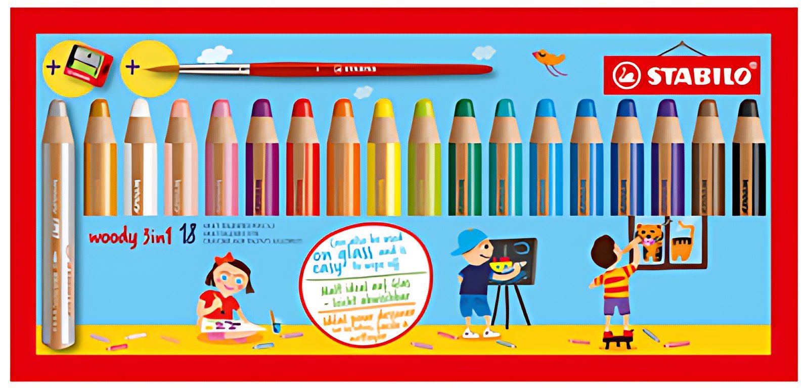 STABILO Crayon multi-talents woody 3 en 1, étui carton de 18
