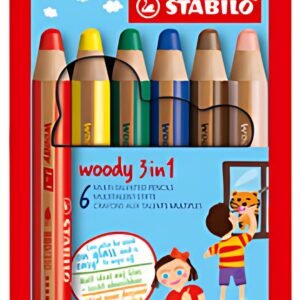 STABILO Crayon multi-talents woody 3 en 1, étui carton de 6