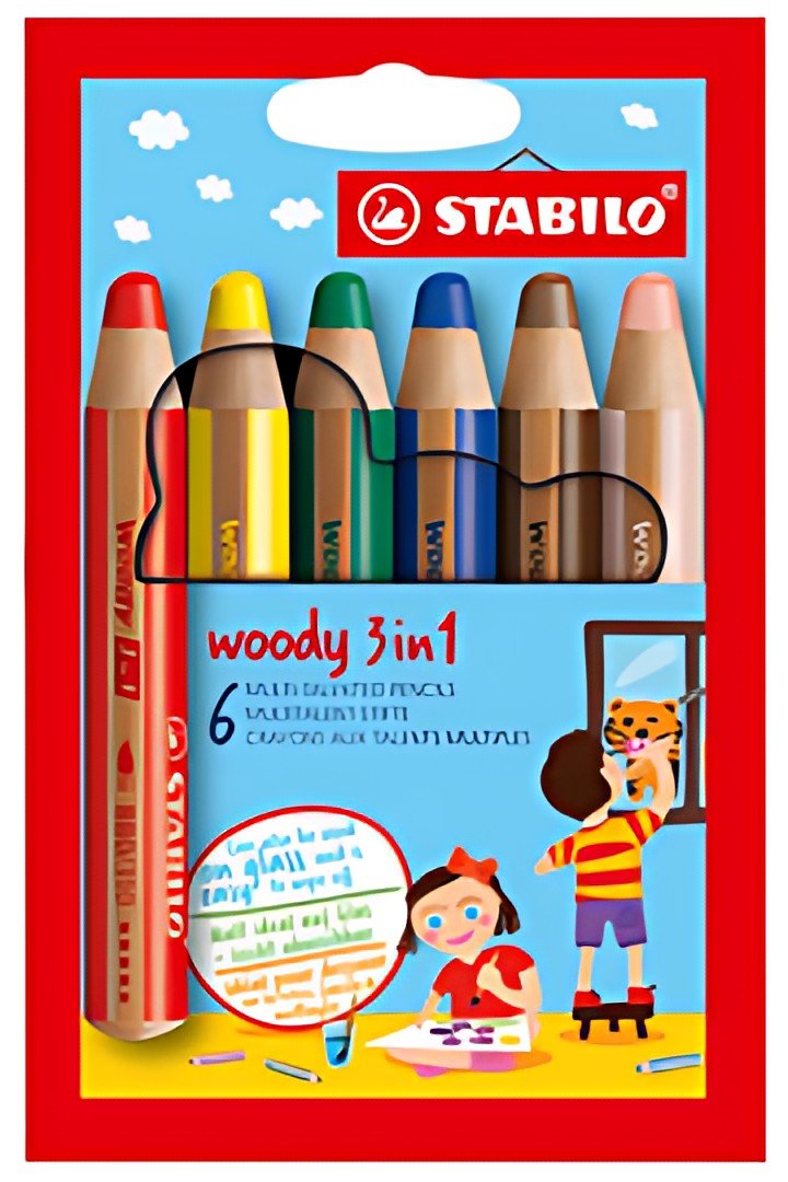 STABILO Crayon multi-talents woody 3 en 1, étui carton de 6