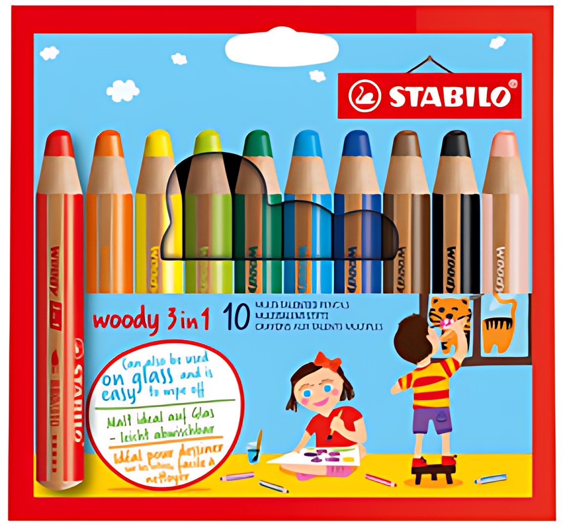 STABILO Crayon multi-talents woody 3 en 1, étui carton de 10