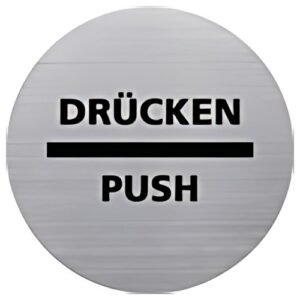 pictogramme helit "le badge" PRESS/PUSH, rond, argent