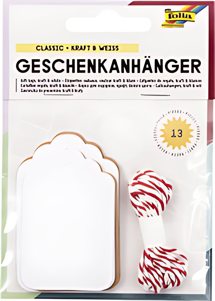 folia Etiquette cadeau long, nature & blanc, avec ficelle