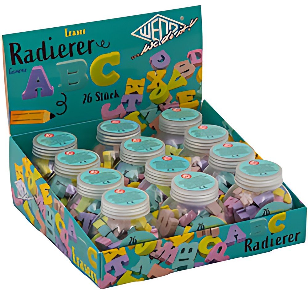 Gomme plastique WEDO ABC, présentoir de 12