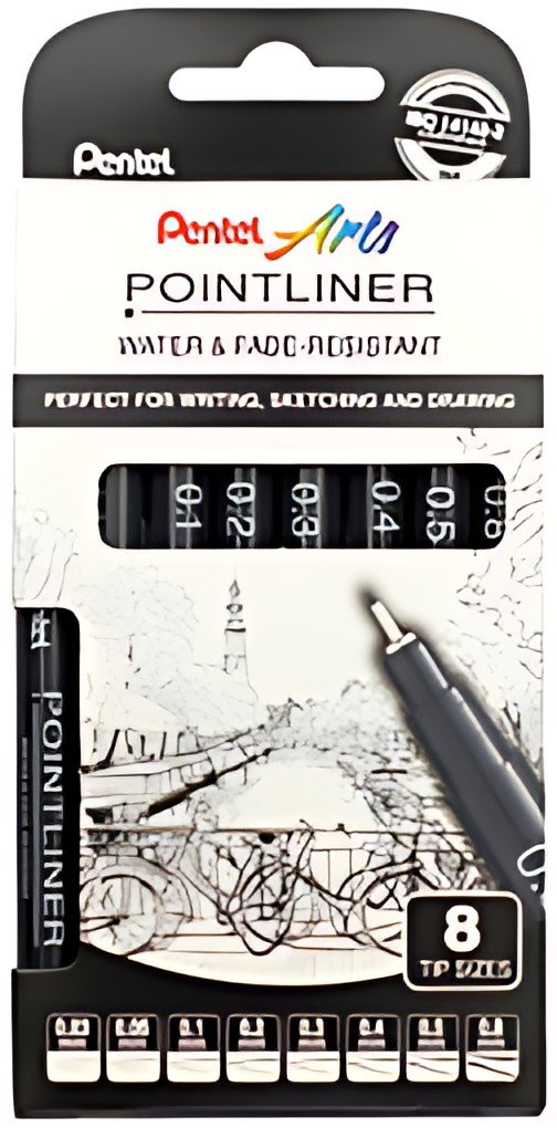 Pentel Feutre technique permanent Pointliner, set de 8, noir