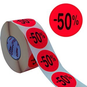 METO Étiquette promotionnelle "-50%", rond, rouge fluo