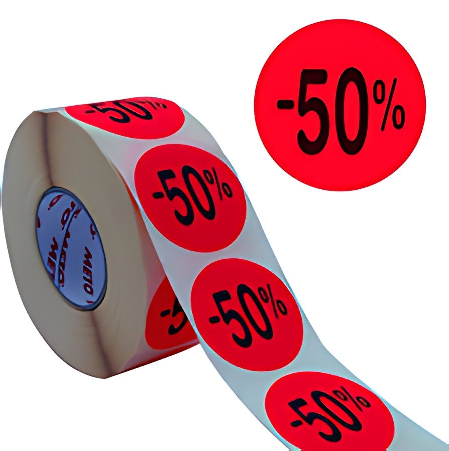 METO Étiquette promotionnelle "-50%", rond, rouge fluo