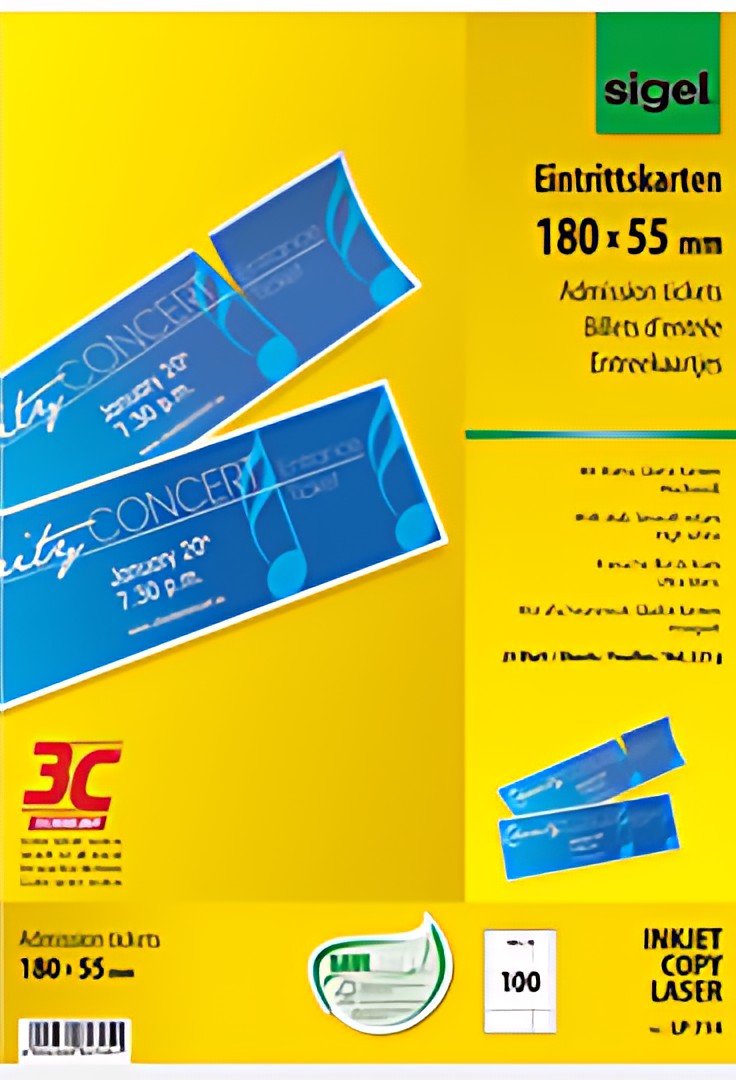 sigel Billet d'entrée, 180 x 55 mm, imprimable, extra blanc