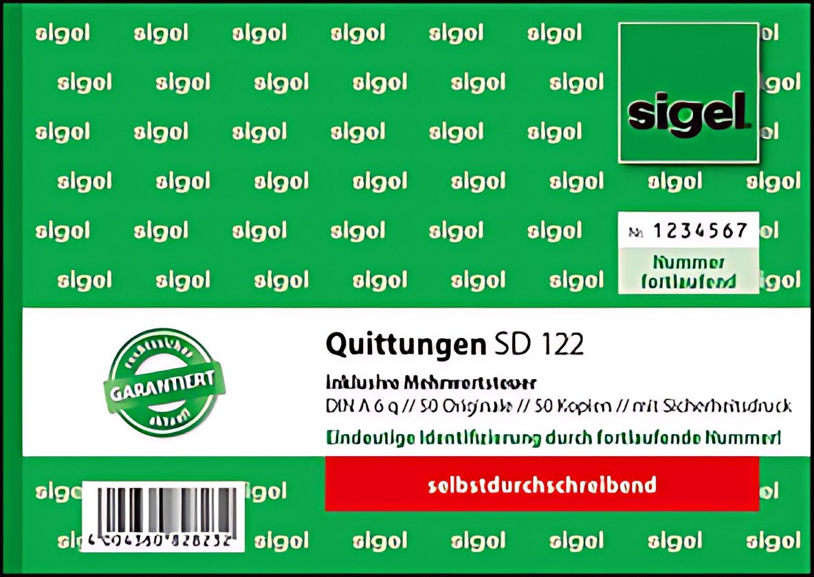 Carnet de formulaires sigel "Reçu", TVA incluse, DIN A6 paysage