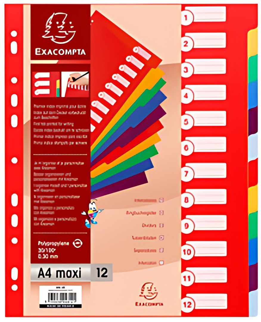 EXACOMPTA Intercalaires en plastique, uni, A4+, 12 touches
