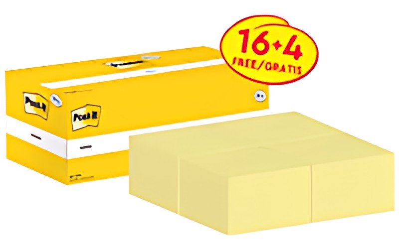 Post-it Bloc-notes adhésif, 76 x 76 mm, jaune, 16+4 gratuits