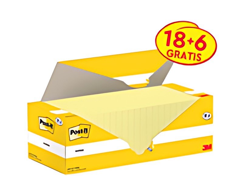 Post-it Bloc-notes adhésif, 127x76 mm, jaune, 18+6 gratuits