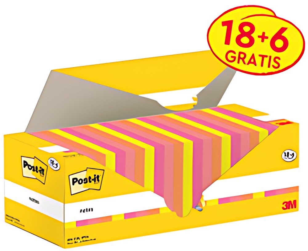 Post-it Bloc-notes adhésif, 76x76 mm, coloré, 18+6 gratuits